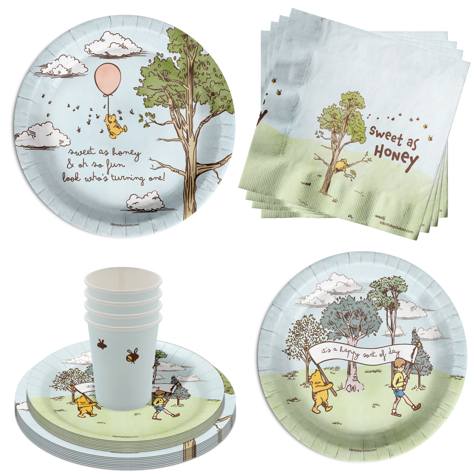 Winnie the Pooh 1st Birthday Paper Plates - 64 Piece Tableware Set Includes Large 9" Paper Plates Dessert Plates, Cups and Napkins Kit for 16