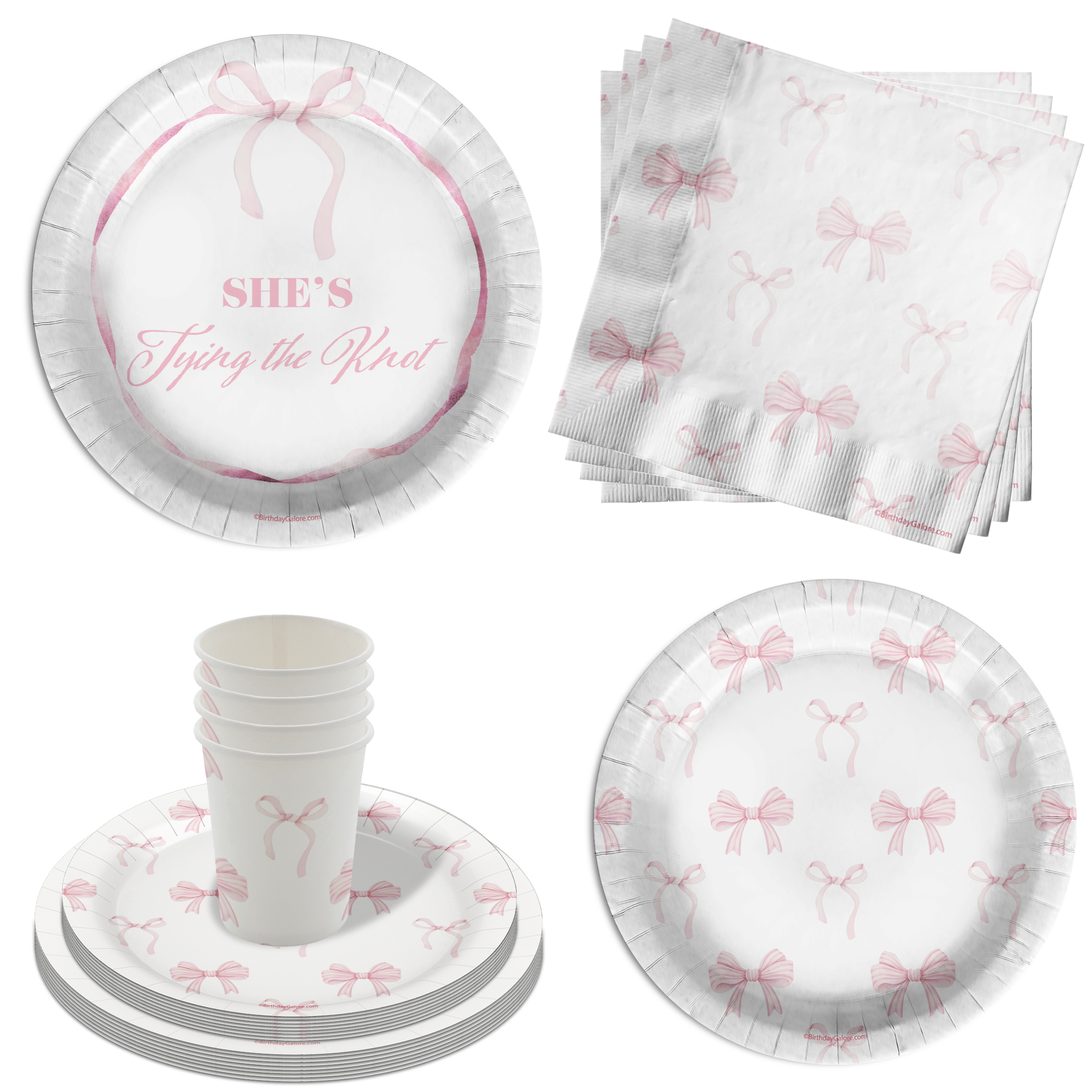 She's Tying The Knot Pink Bows Bridal Shower Party Supplies 64 Piece Tableware Set Includes Large 9" Paper Plates Dessert Plates, Cups and Napkins Kit for 16