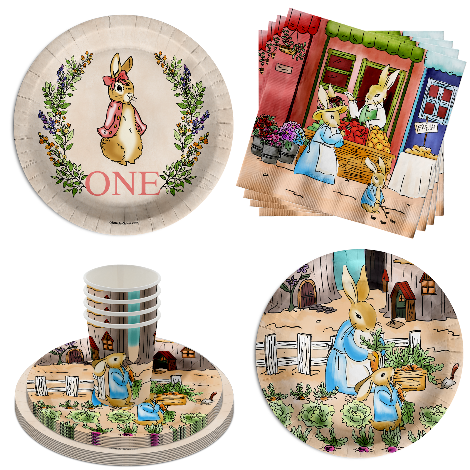 Peter Rabbit Girl's 1st Birthday Paper Plates - 64 Piece Tableware Set Includes Large 9" Paper Plates Dessert Plates, Cups and Napkins Kit for 16
