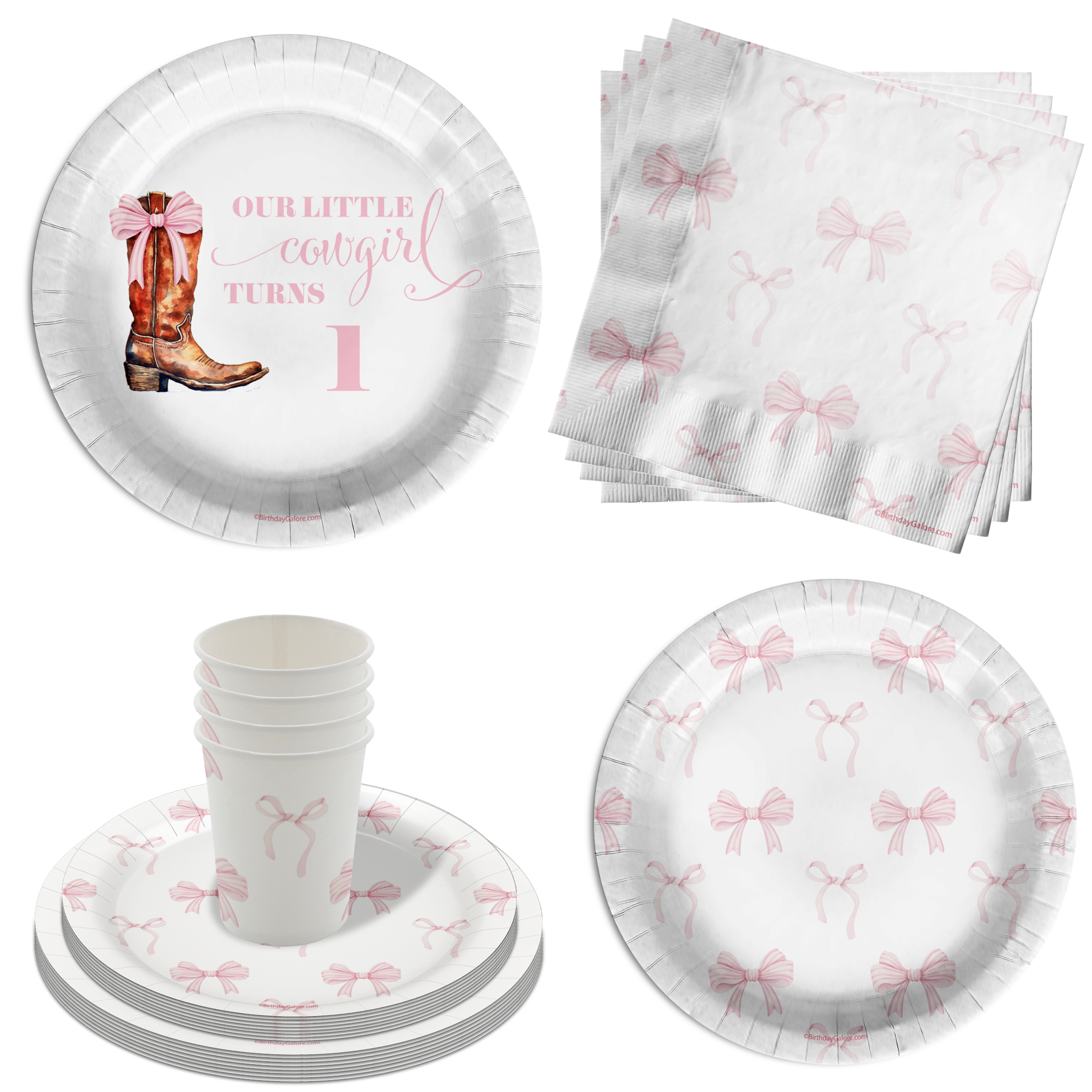 Pink Bows Western Cowgirl 1st Birthday Paper Plates - 64 Piece Tableware Set Includes Large 9" Paper Plates Dessert Plates, Cups and Napkins Kit for 16