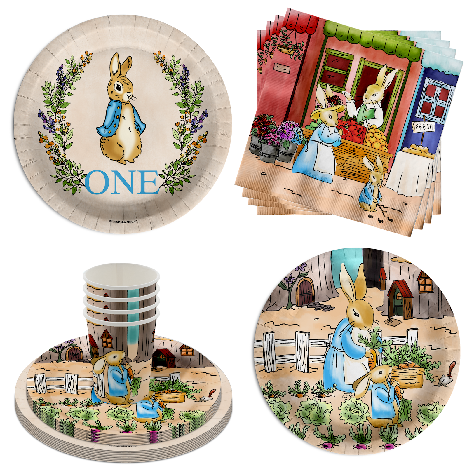Peter Rabbit Boy's 1st Birthday Paper Plates - 64 Piece Tableware Set Includes Large 9" Paper Plates Dessert Plates, Cups and Napkins Kit for 16