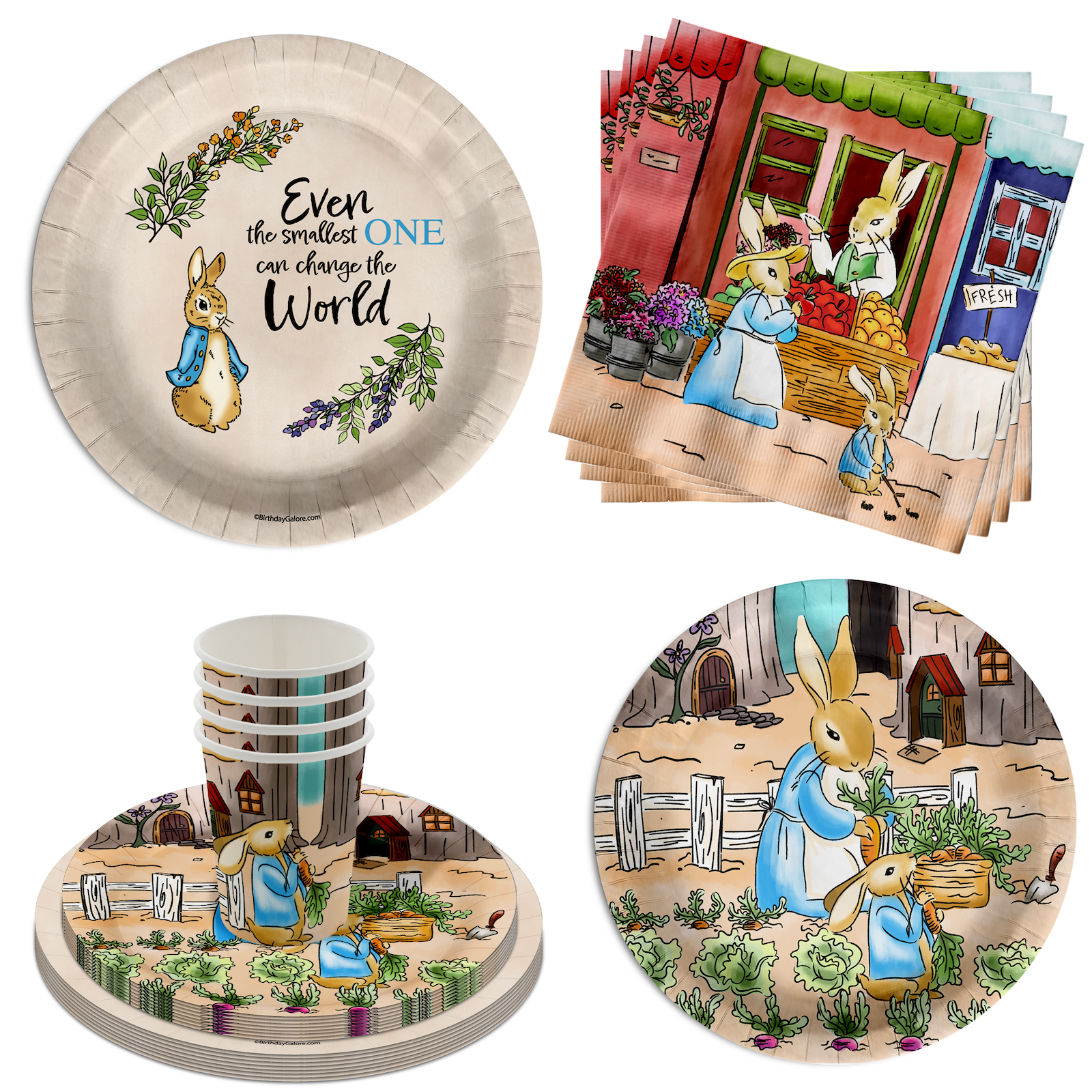 Peter Rabbit Boy's Baby Shower Party Supplies 64 Piece Tableware Set Includes Large 9" Paper Plates Dessert Plates, Cups and Napkins Kit for 16