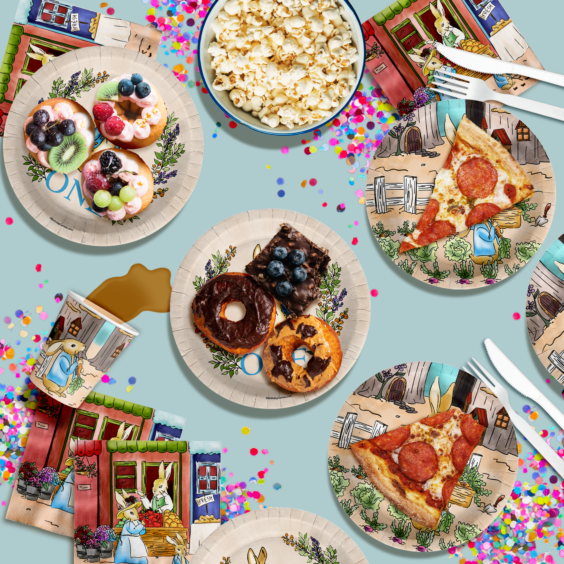 Peter Rabbit Boy's 1st Birthday Paper Plates - 64 Piece Tableware Set Includes Large 9" Paper Plates Dessert Plates, Cups and Napkins Kit for 16