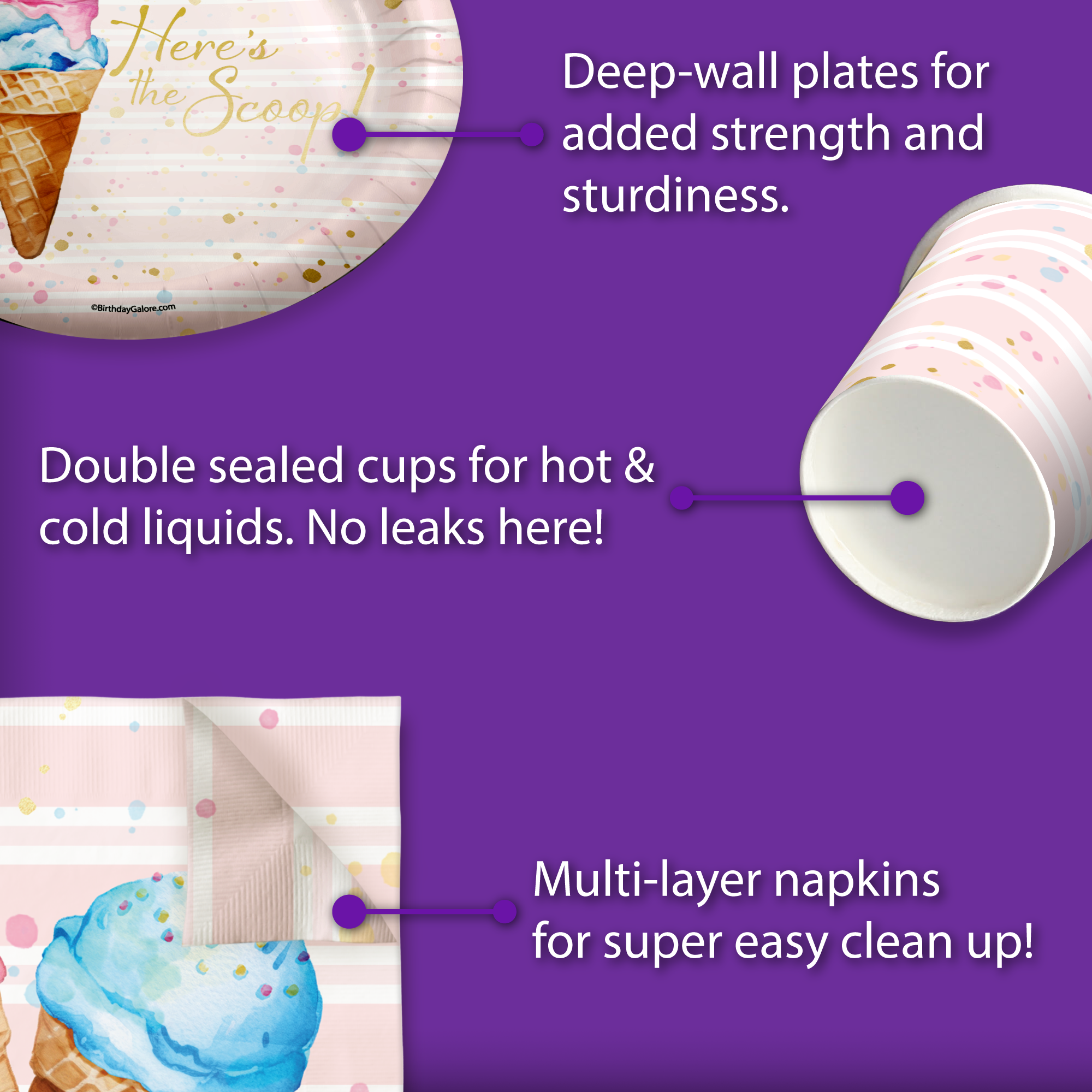 She's Been Scooped Up Ice Cream Bridal Shower Party Supplies 64 Piece Tableware Set Includes Large 9" Paper Plates Dessert Plates, Cups and Napkins Kit for 16