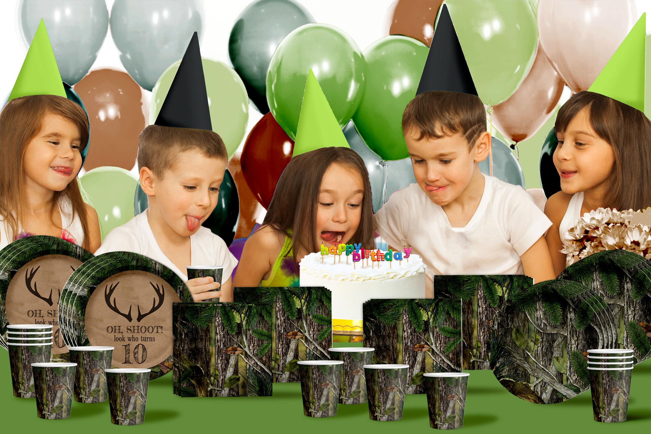 Deer Hunting 10th Birthday Party Supplies 64 Piece Tableware Set Includes Large 9" Paper Plates Dessert Plates, Cups and Napkins Kit for 16