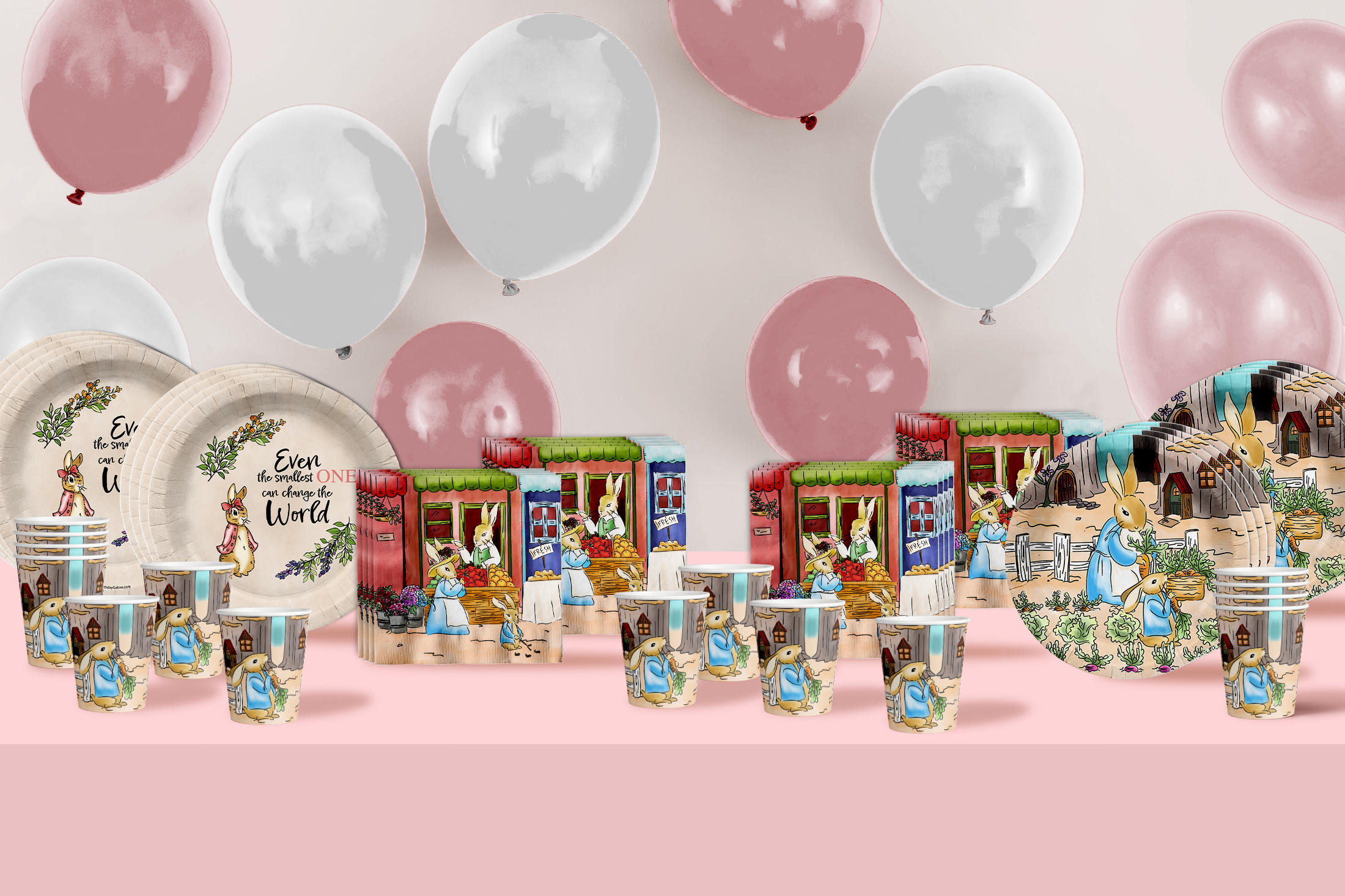 Peter Rabbit Girl's Baby Shower Party Supplies 64 Piece Tableware Set Includes Large 9" Paper Plates Dessert Plates, Cups and Napkins Kit for 16