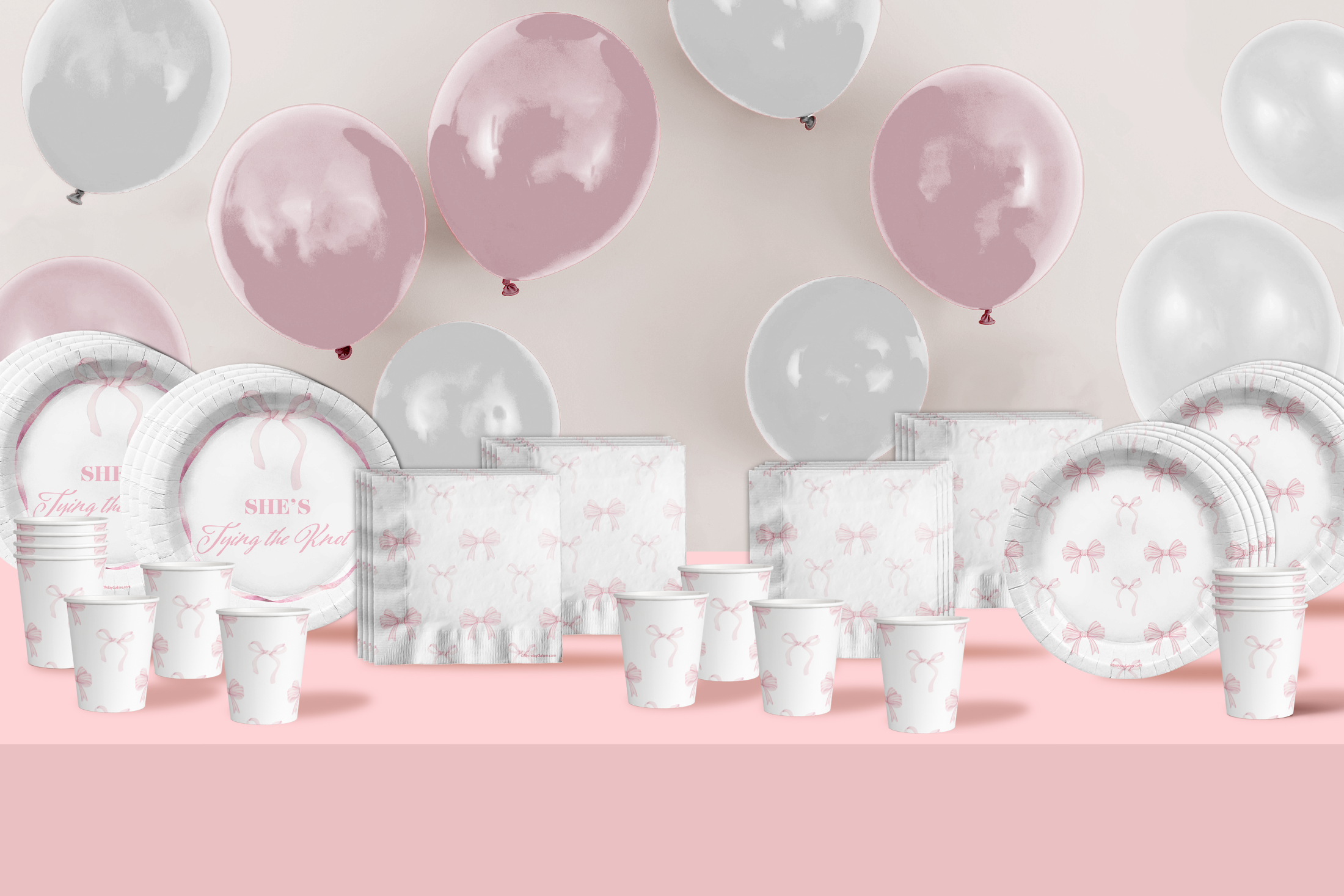 She's Tying The Knot Pink Bows Bridal Shower Party Supplies 64 Piece Tableware Set Includes Large 9" Paper Plates Dessert Plates, Cups and Napkins Kit for 16