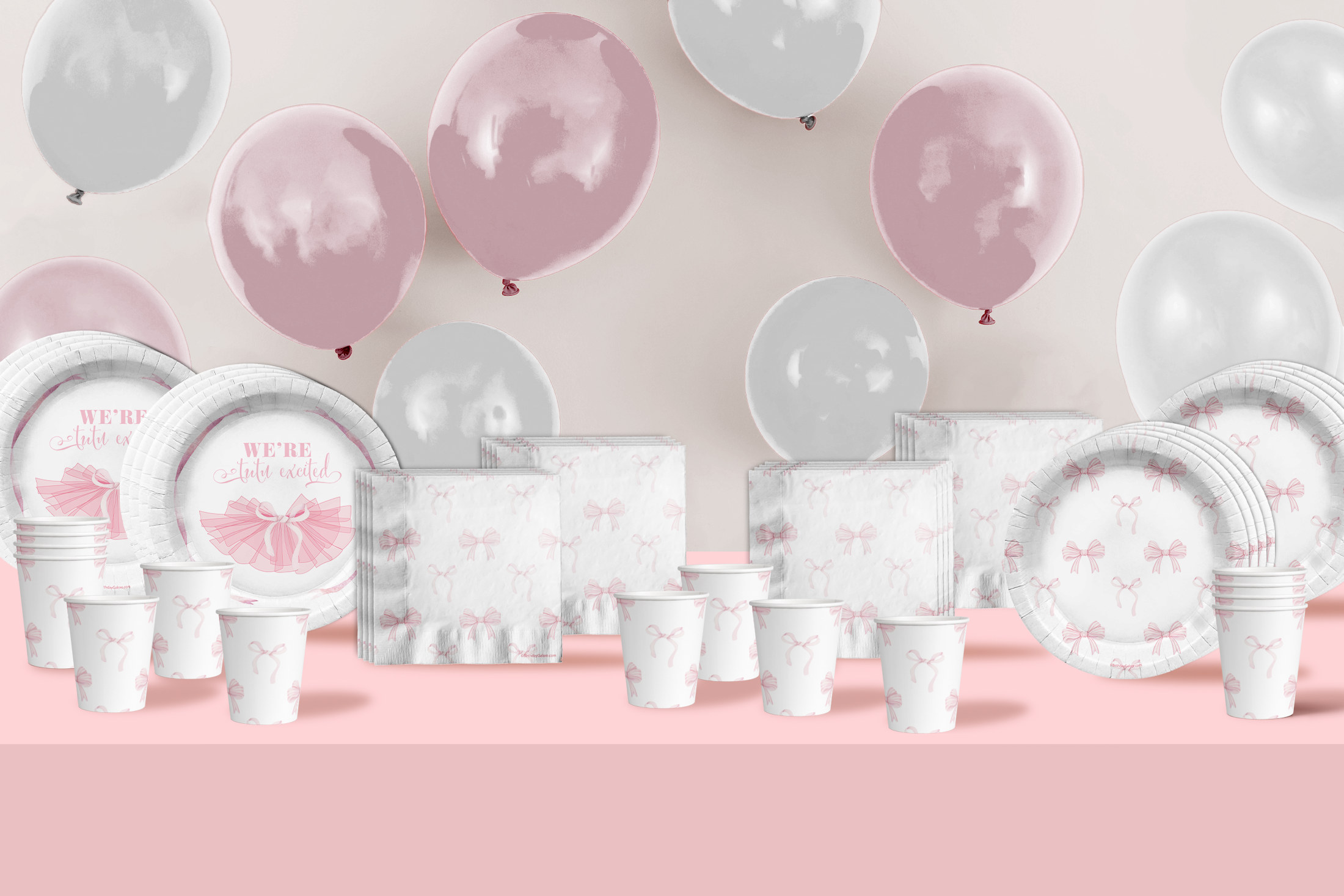 We're Tutu Excited Pink Bows Baby Shower Party Supplies 64 Piece Tableware Set Includes Large 9" Paper Plates Dessert Plates, Cups and Napkins Kit for 16