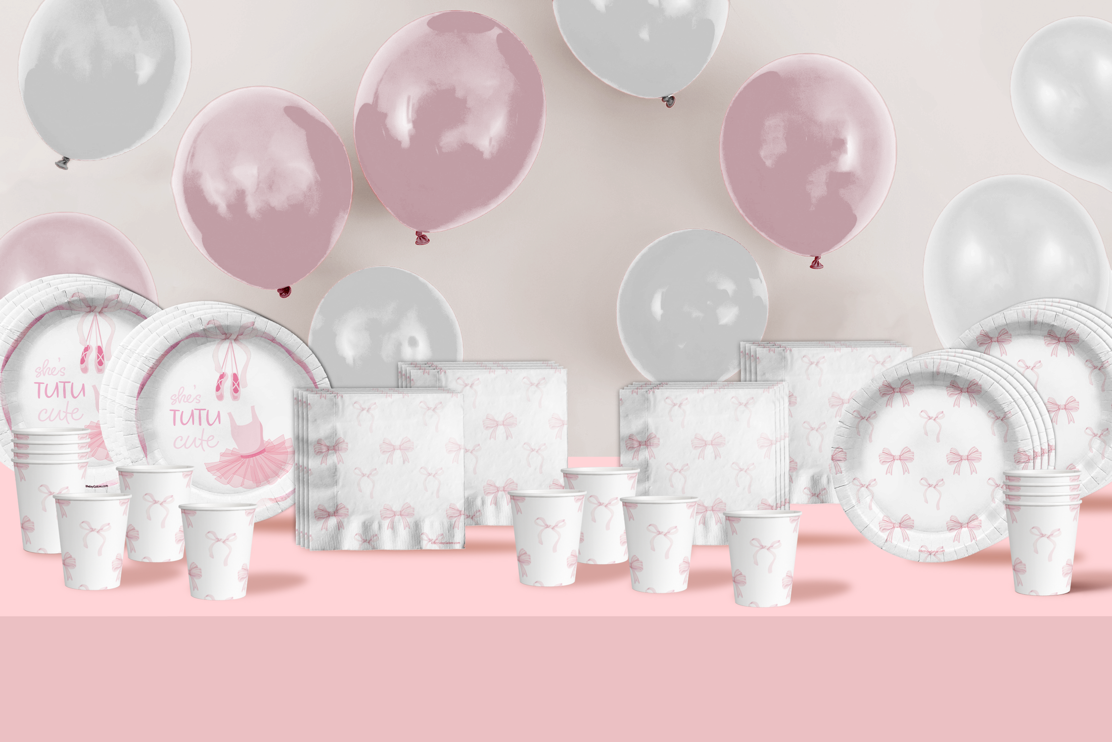 She's Tutu Cute Pink Bows 2nd Birthday Party Tableware Kit For 16 Guests 64 Piece