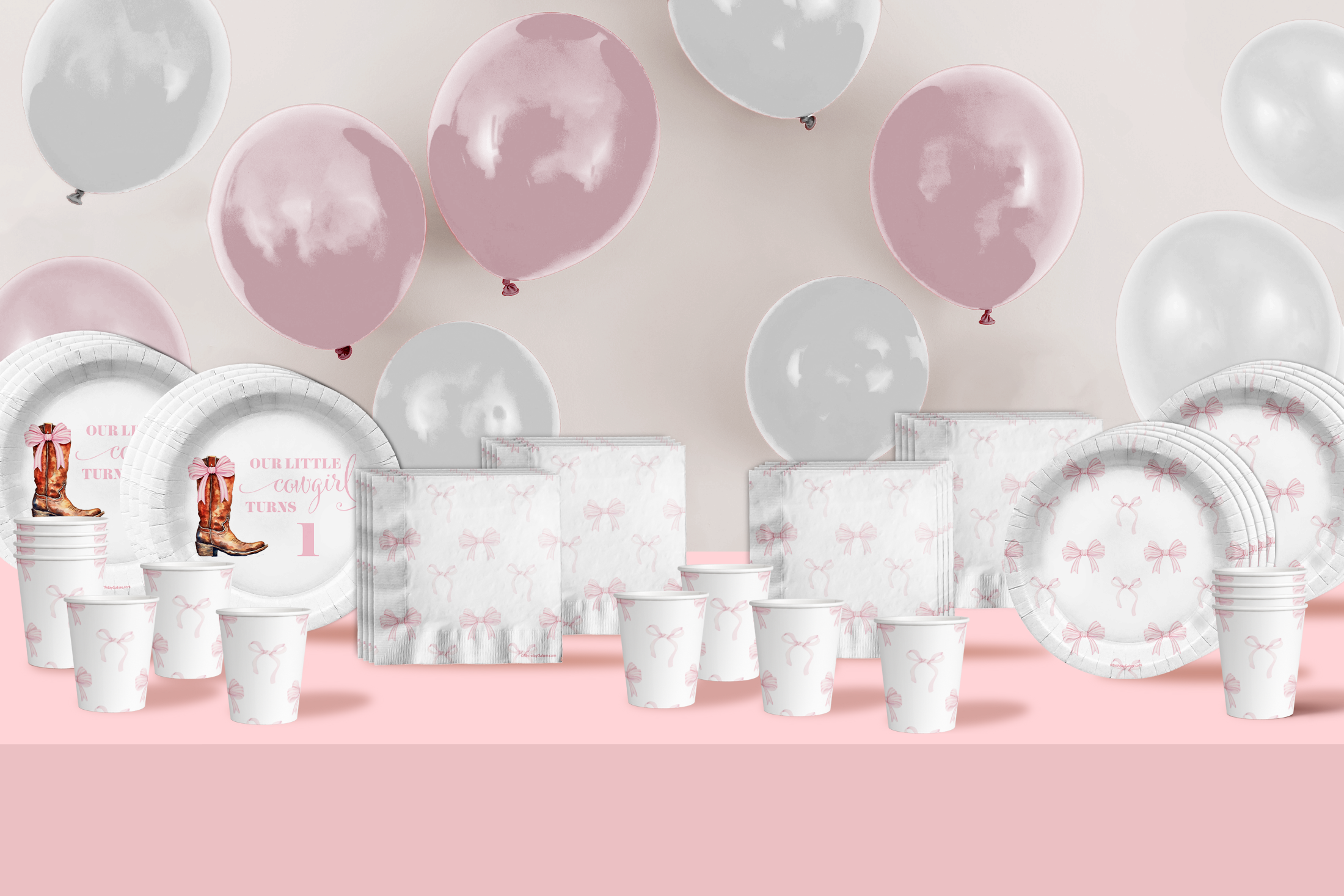 Pink Bows Western Cowgirl 1st Birthday Paper Plates - 64 Piece Tableware Set Includes Large 9" Paper Plates Dessert Plates, Cups and Napkins Kit for 16