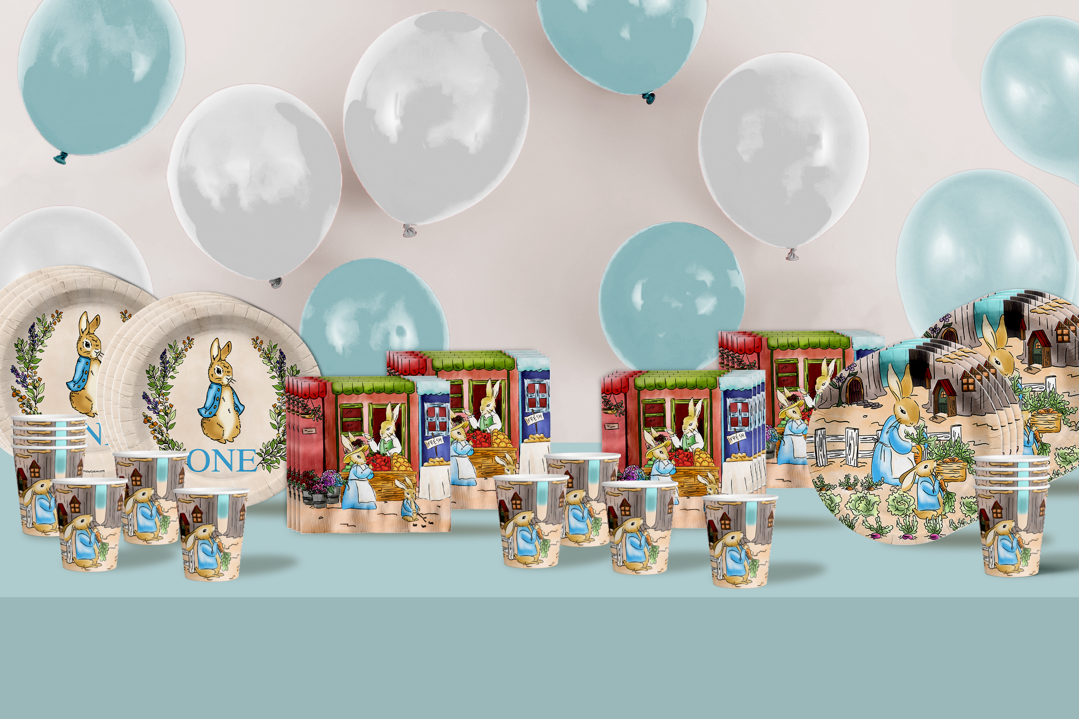 Peter Rabbit Boy's 1st Birthday Paper Plates - 64 Piece Tableware Set Includes Large 9" Paper Plates Dessert Plates, Cups and Napkins Kit for 16