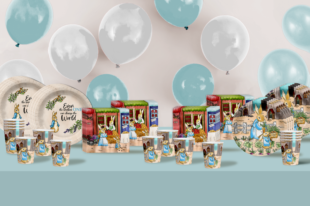 Peter Rabbit Boy's Baby Shower Party Supplies 64 Piece Tableware Set Includes Large 9" Paper Plates Dessert Plates, Cups and Napkins Kit for 16