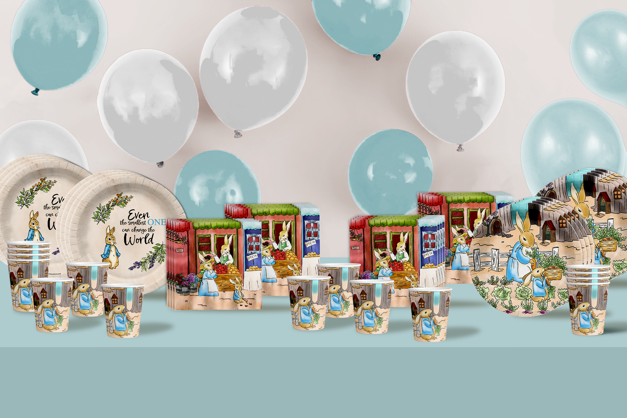 Peter Rabbit Boy's Baby Shower Party Supplies 64 Piece Tableware Set Includes Large 9" Paper Plates Dessert Plates, Cups and Napkins Kit for 16