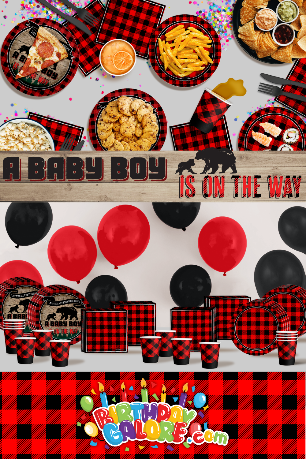Adventures Awaits Baby Boy Baby Shower Buffalo Plaid Tableware Kit For 16 Guests 64 Piece