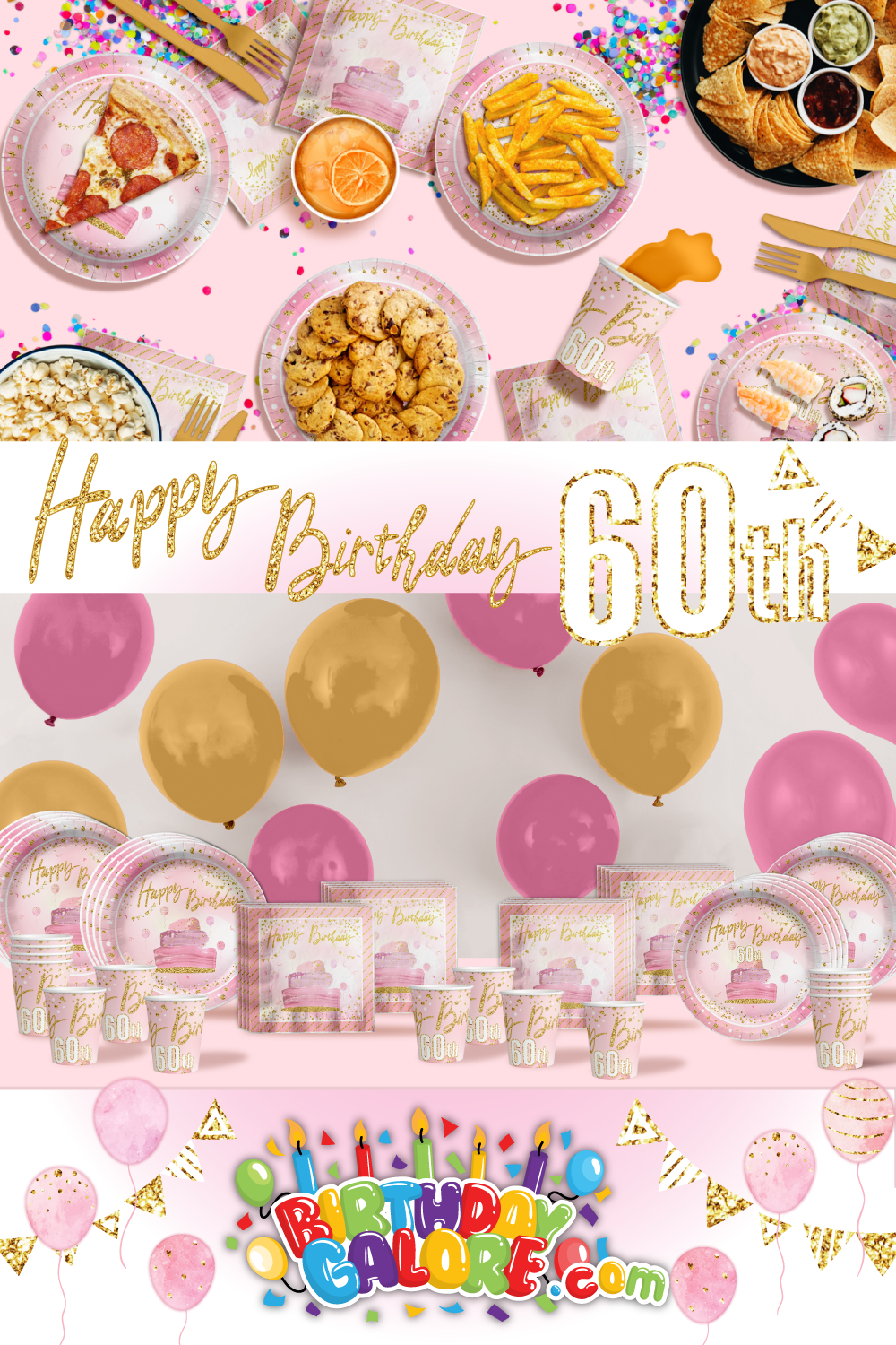 Pink and Gold 60th Birthday Party Tableware Kit For 16 Guests 64 Piece