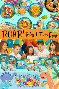 Roar I Turn Four 4th Birthday Party Tableware Kit For 16 Guests 64 Piece