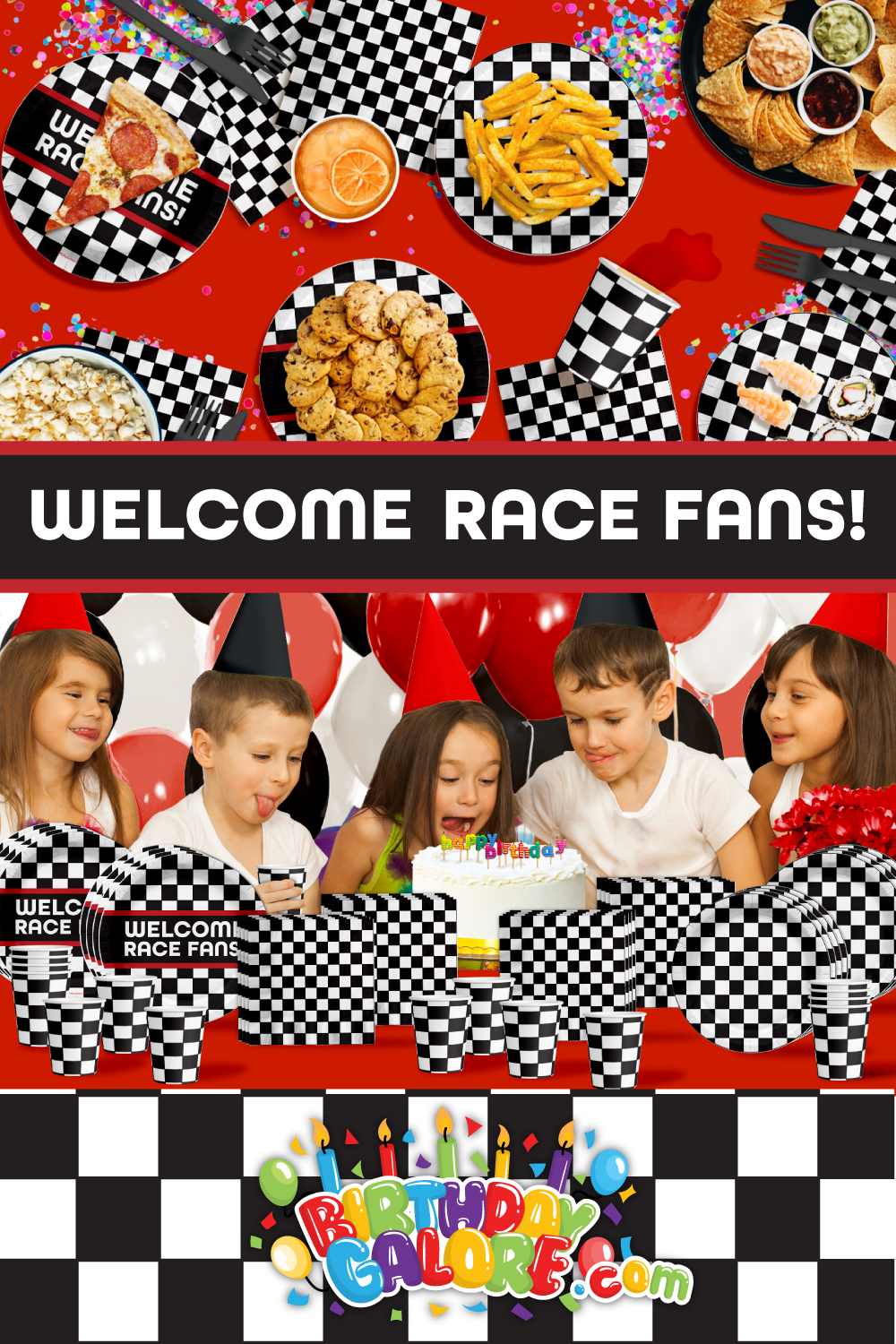 Welcome Race Fans Checkered Flag Birthday Party Tableware Kit For 16 Guests 64 Piece