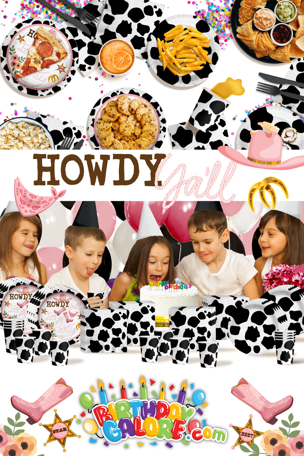 Howdy Y'all It's A Party Cow Print Birthday Party Tableware Kit For 16 Guests 64 Piece