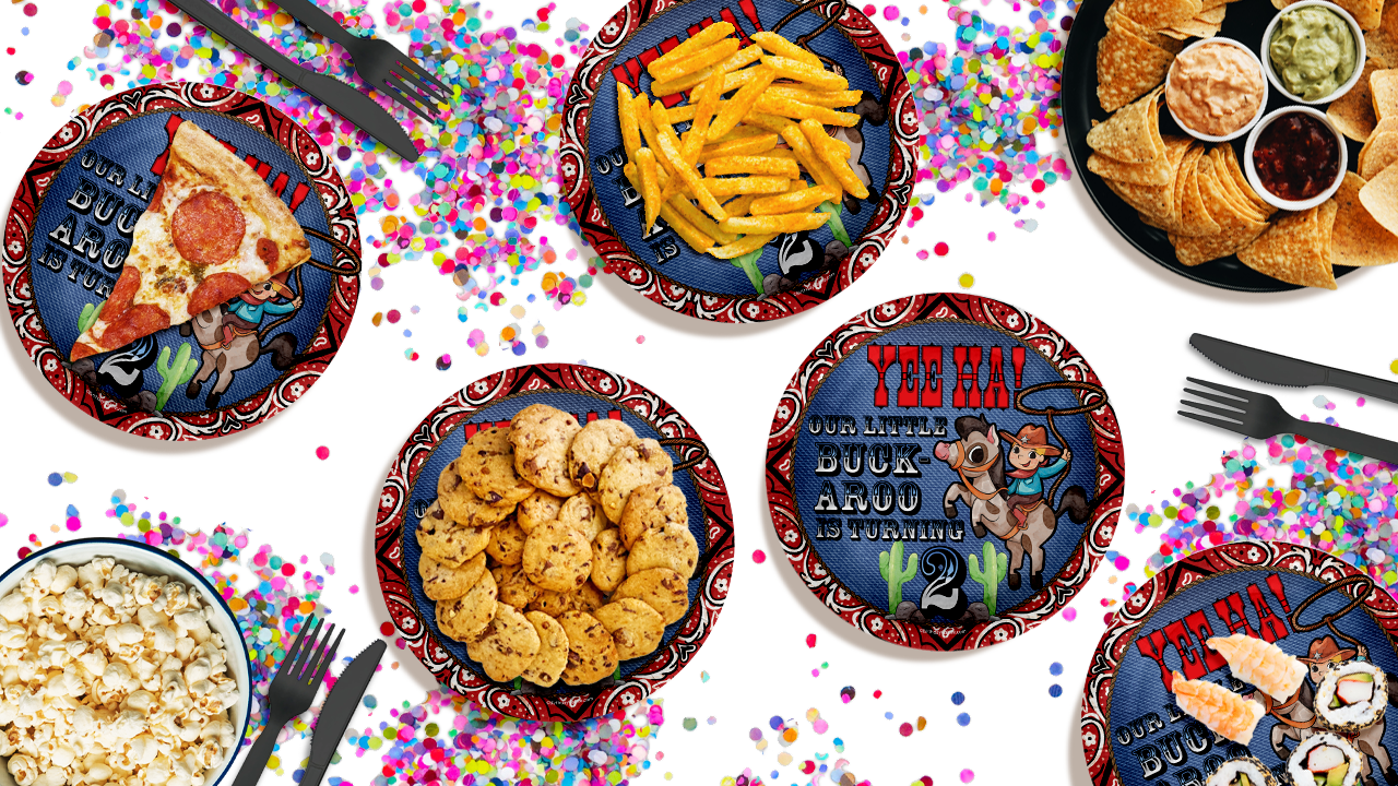 Our Little Buckaroo is Turning Two Cowboy 2nd Birthday Party Supplies Large 9" Paper Plates in Bulk 32 Piece