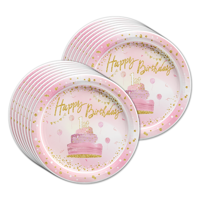 1st Birthday Pink & Gold Party Tableware Kit For 16 Guests - BirthdayGalore.com