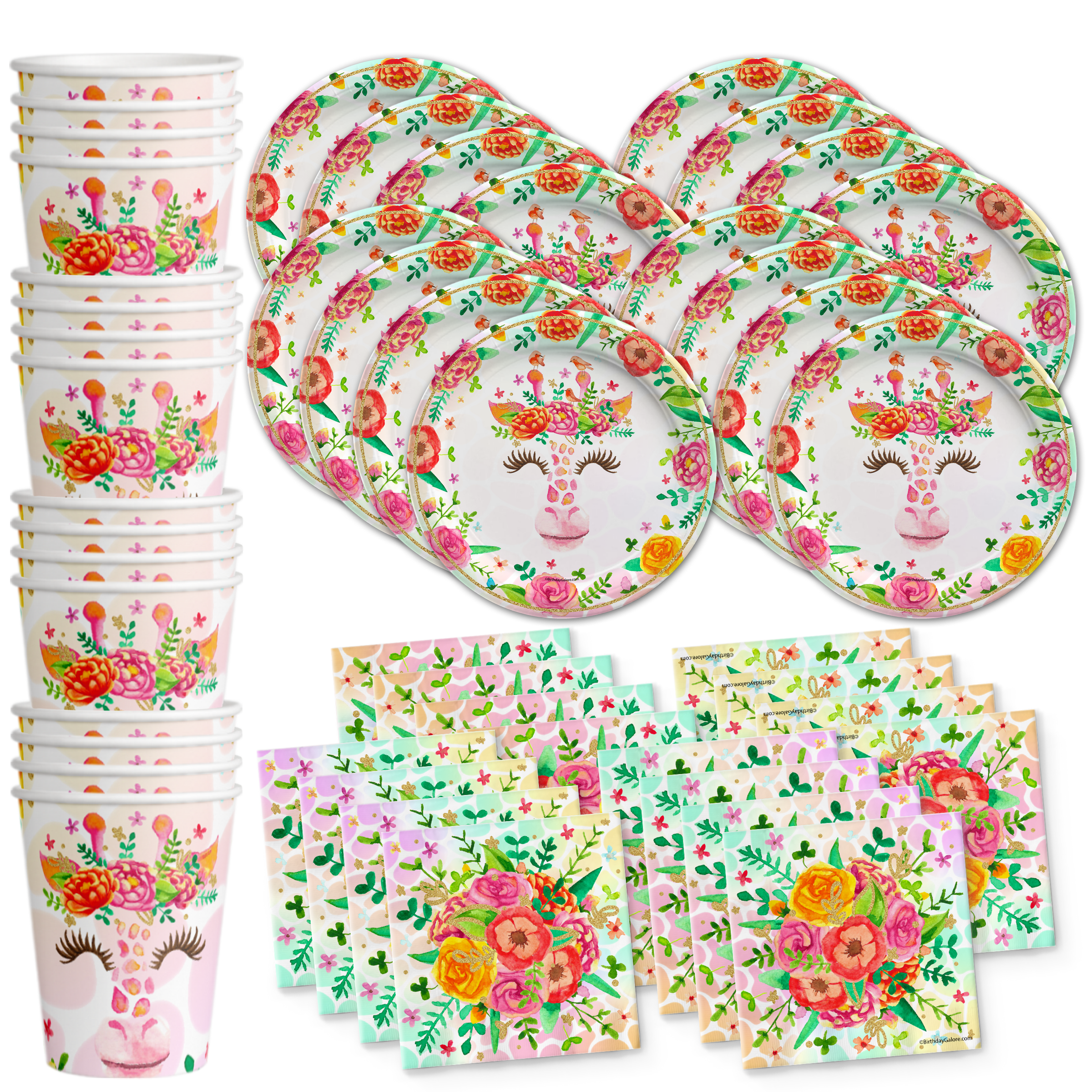 Floral Giraffe Birthday Party Tableware Kit For 16 Guests