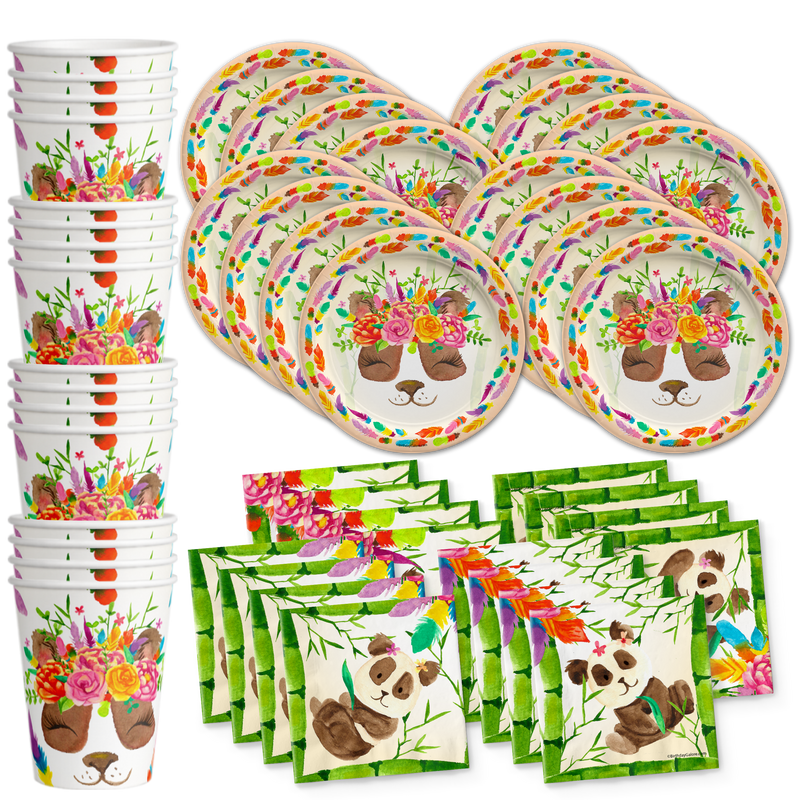 Panda Floral Birthday Party Tableware Kit For 16 Guests