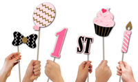 1st Birthday Pink & Gold Photo Booth Props 20pcs Assembled - BirthdayGalore.com