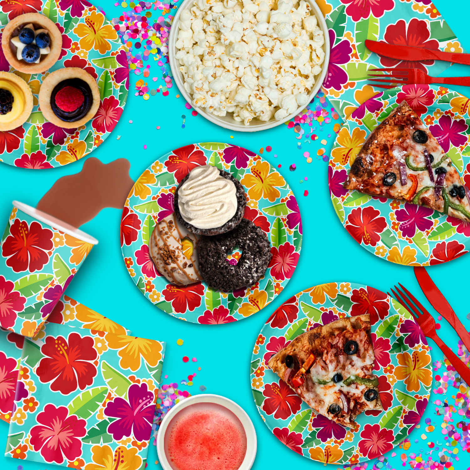 Hawaiian Luau Hibiscus Flower Birthday Party Tableware Kit For 16 Guests - BirthdayGalore.com
