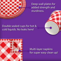 Red Gingham Picnic/BBQ Birthday Party Tableware Kit For 16 Guests