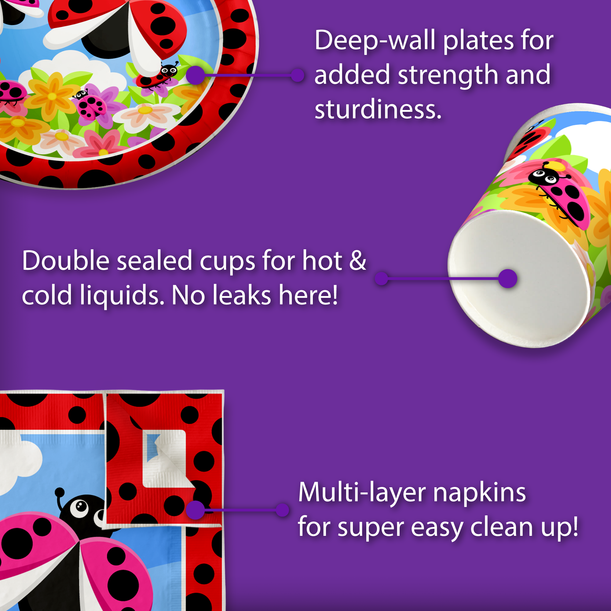 Little Lady Bug Birthday Party Tableware Kit For 16 Guests - BirthdayGalore.com