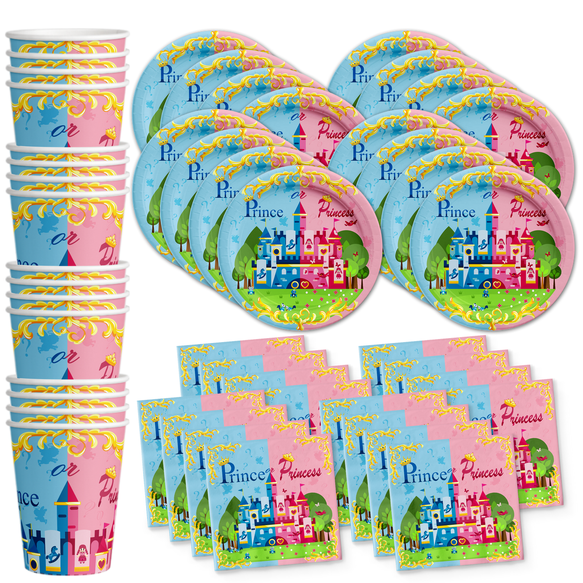 Prince or Princess Gender Reveal Party Tableware Kit For 16 Guests - BirthdayGalore.com