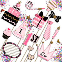 1st Birthday Pink & Gold Photo Booth Props 20pcs Assembled - BirthdayGalore.com