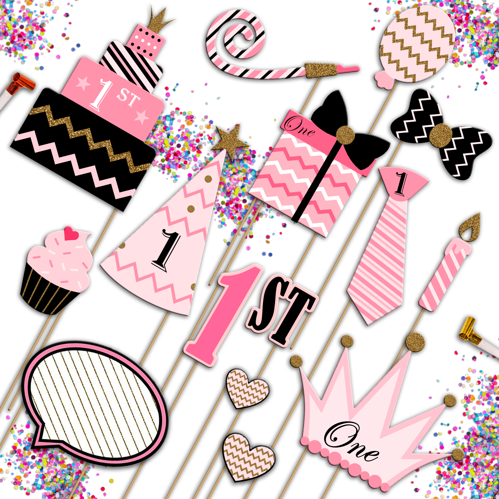 1st Birthday Pink & Gold Photo Booth Props 20pcs Assembled - BirthdayGalore.com