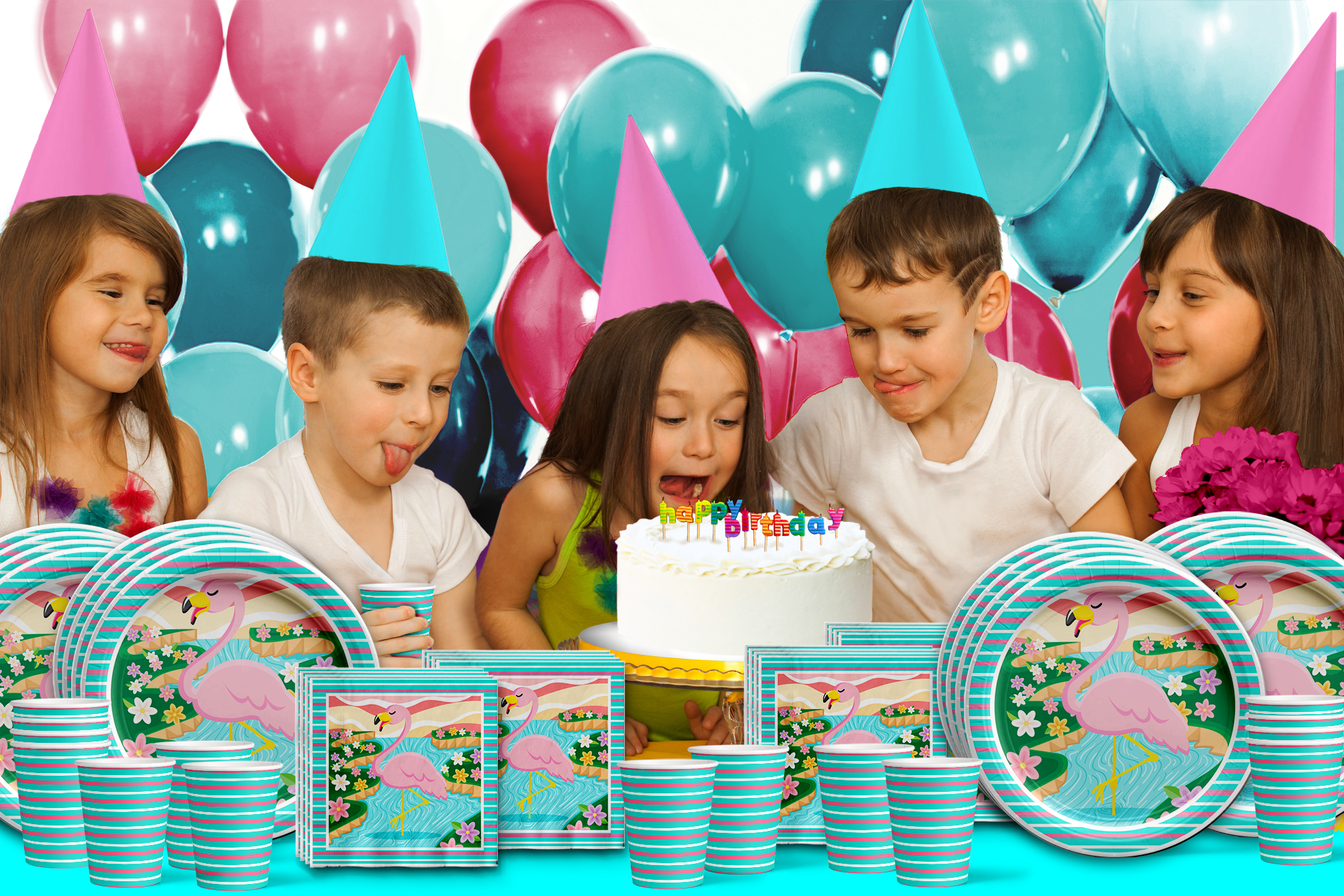 Pink Flamingo Birthday Party Tableware Kit For 16 Guests - BirthdayGalore.com