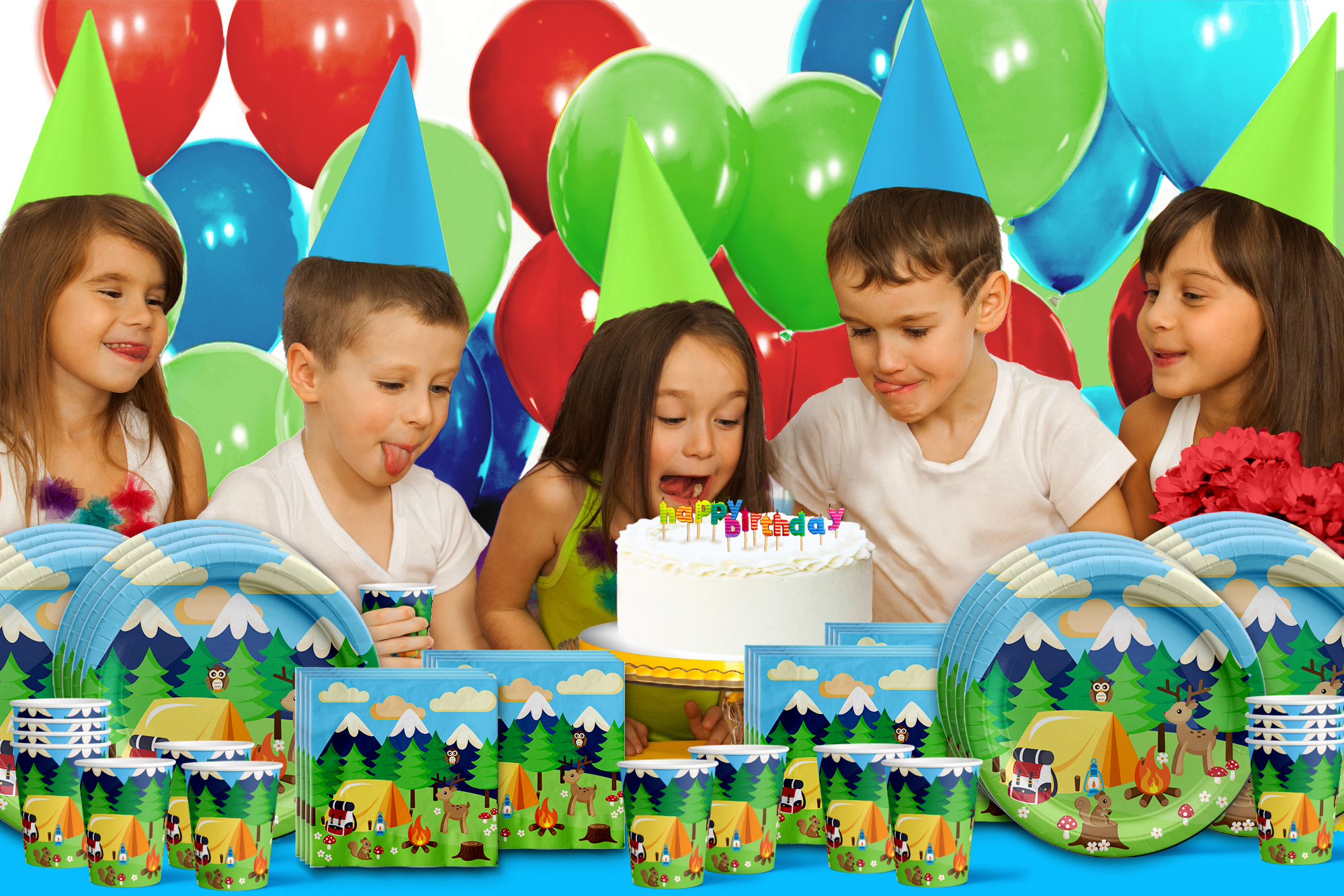 Camping Adventure Birthday Party Tableware Kit For 16 Guests - BirthdayGalore.com