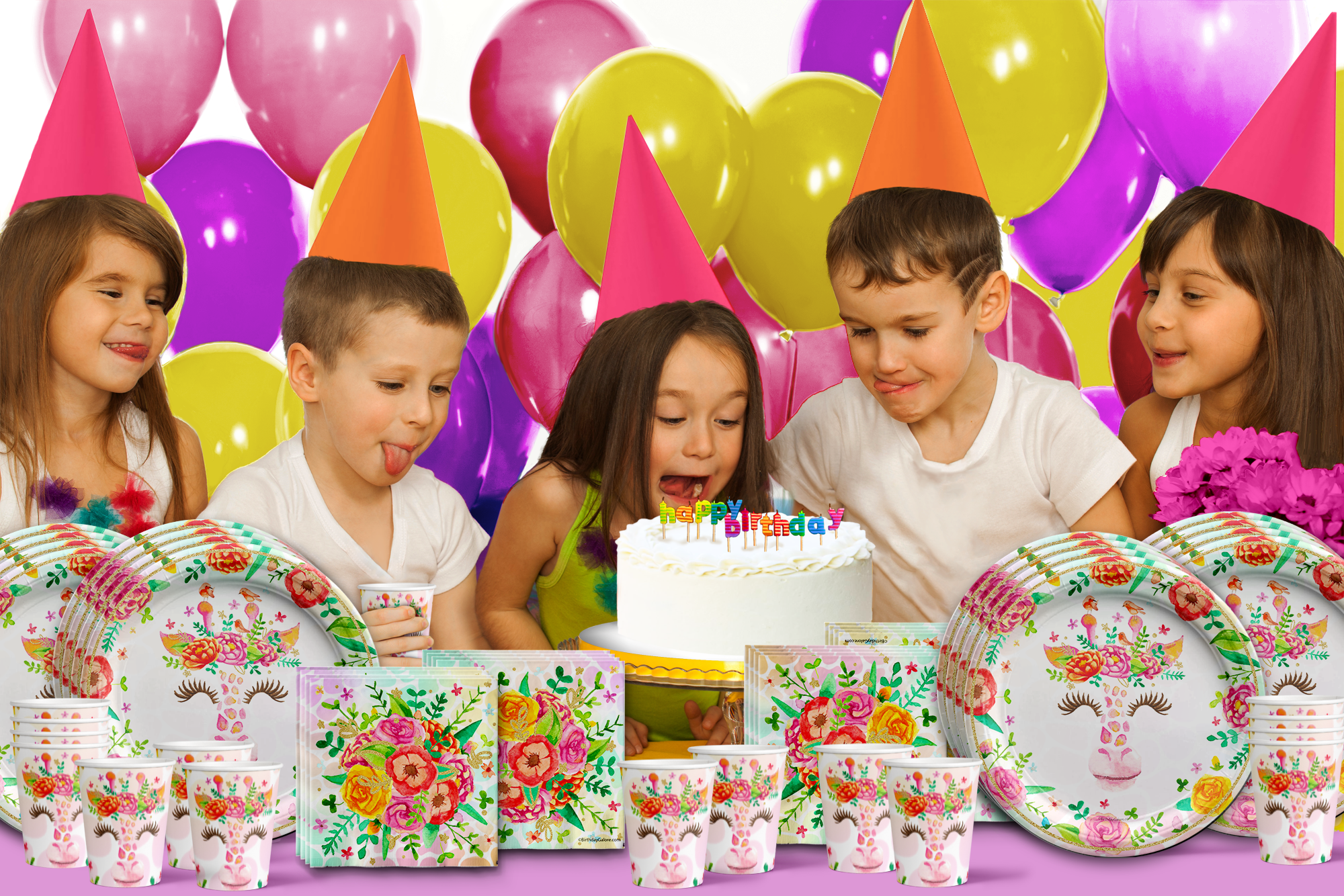 Floral Giraffe Birthday Party Tableware Kit For 16 Guests