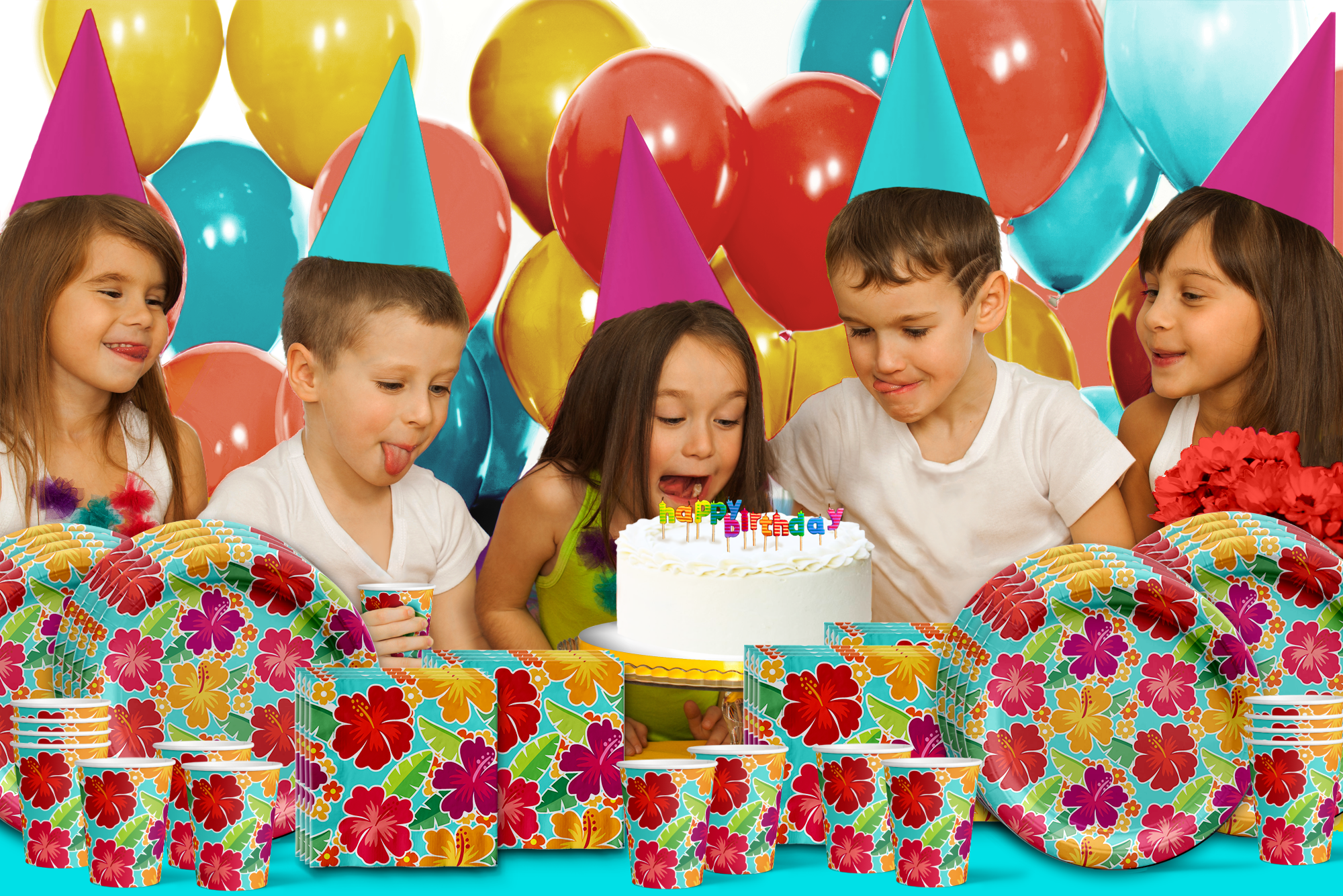 Hawaiian Luau Hibiscus Flower Birthday Party Tableware Kit For 16 Guests - BirthdayGalore.com