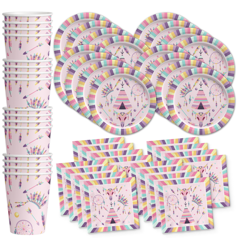 Tribal Boho Pink Birthday Party Tableware Kit For 16 Guests - BirthdayGalore.com