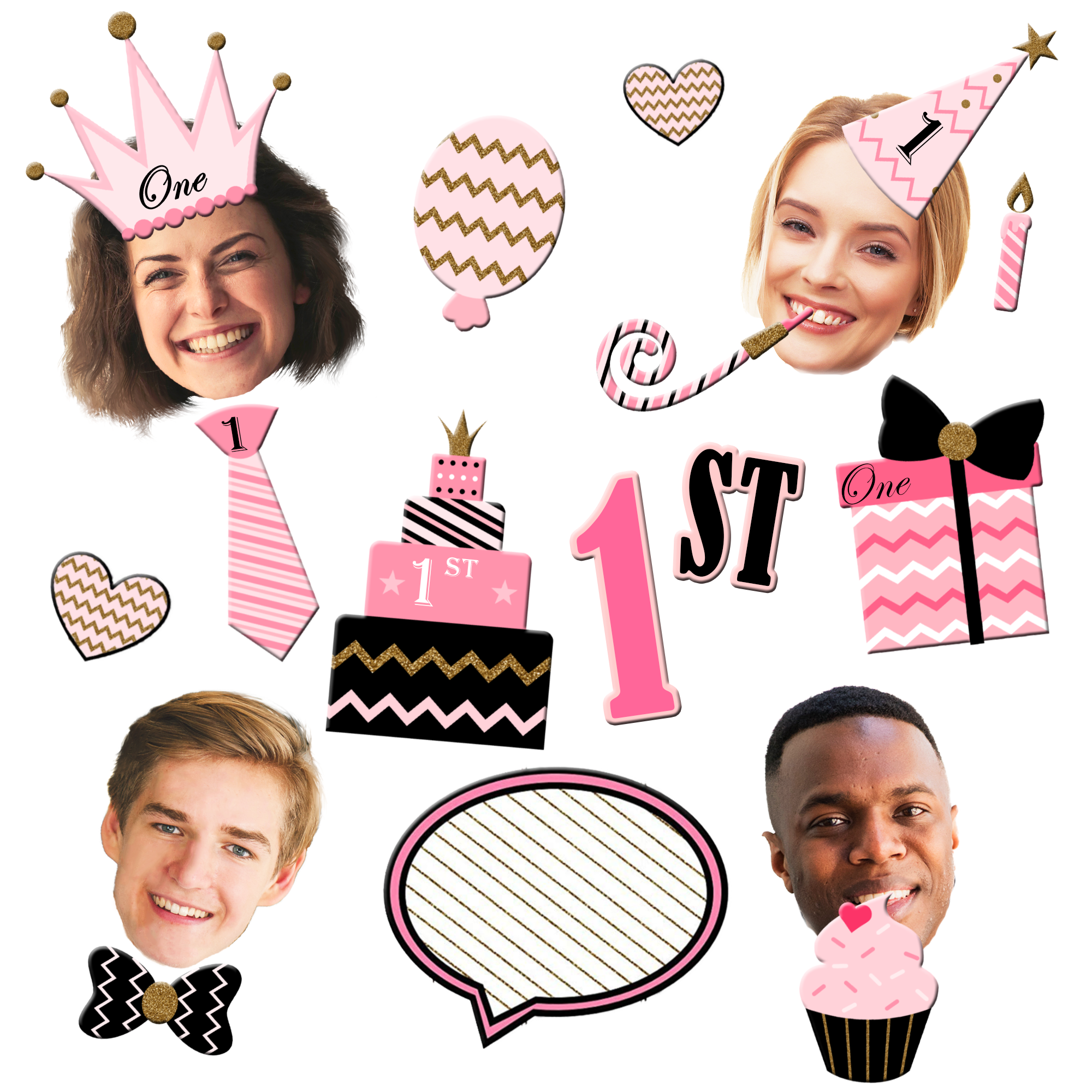 1st Birthday Pink & Gold Photo Booth Props 20pcs Assembled - BirthdayGalore.com