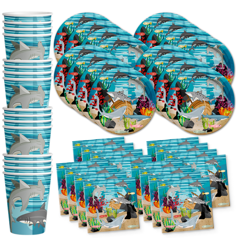 Shark Birthday Party Tableware Kit For 16 Guests - BirthdayGalore.com