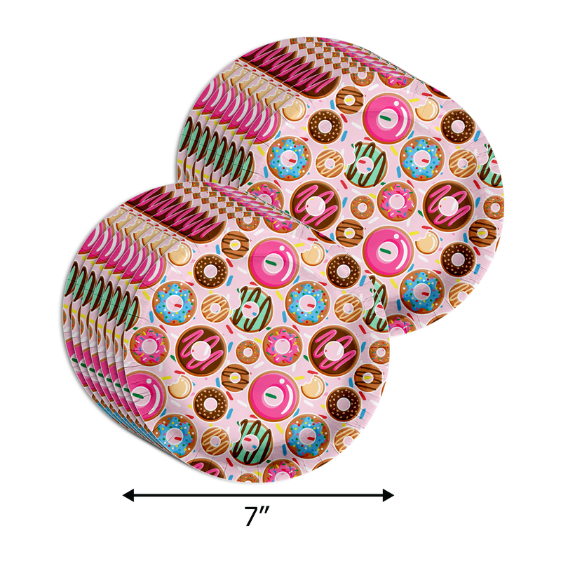 Girls 4th Birthday Party Supplies - Fourever Sweet Donut Birthday Paper Plates - 64 Piece Tableware Set Includes Large 9" Paper Plates Dessert Plates, Cups and Napkins Kit for 16
