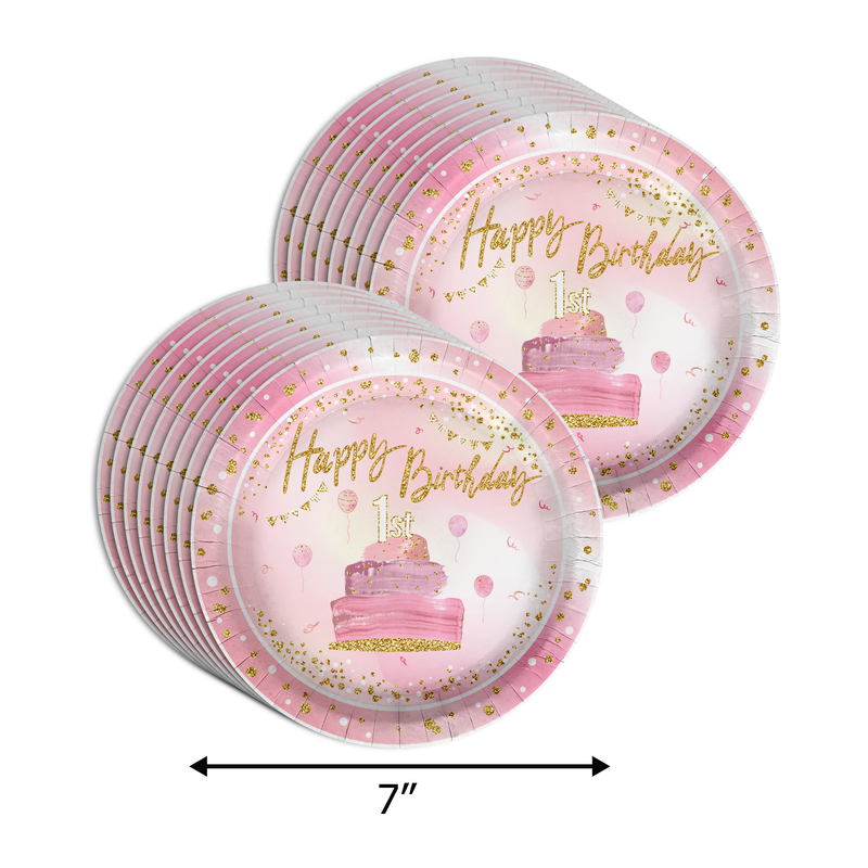 Pink and Gold 1st Birthday Party Tableware Kit For 16 Guests 64 Piece