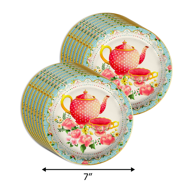Tea for Three 3rd Birthday Party Supplies 64 Piece Tableware Set Includes Large 9" Paper Plates Dessert Plates, Cups and Napkins Kit for 16