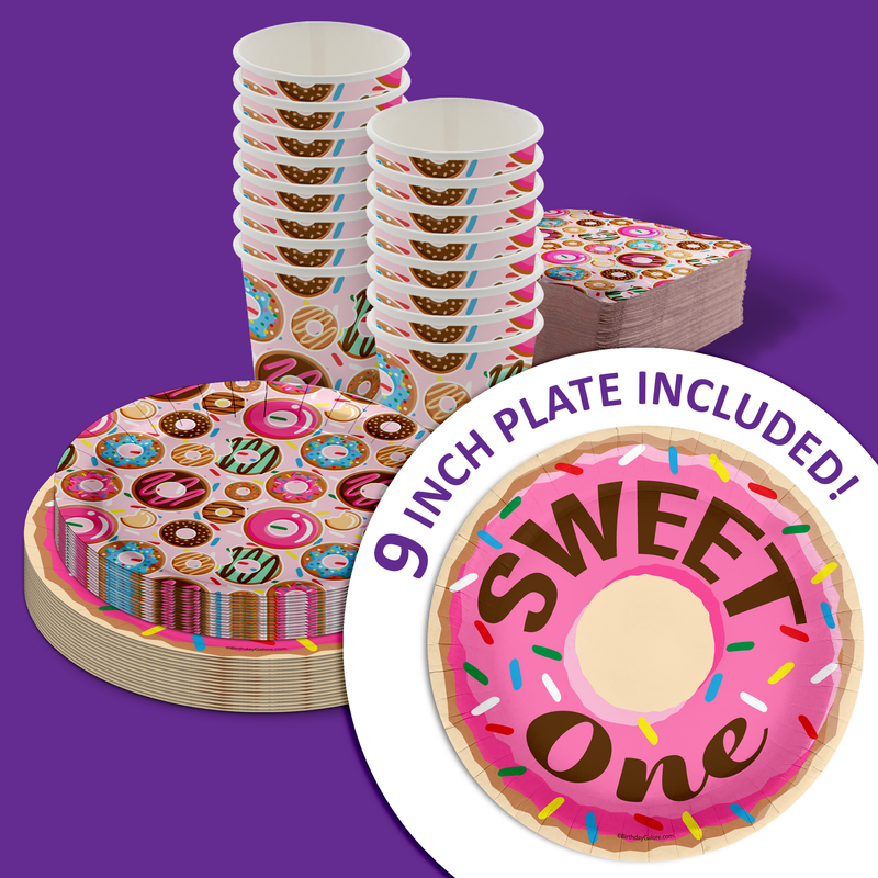Girls 1st Birthday Party Supplies - Sweet One Donut Birthday Paper Plates - 64 Piece Tableware Set Includes Large 9" Paper Plates Dessert Plates, Cups and Napkins Kit for 16