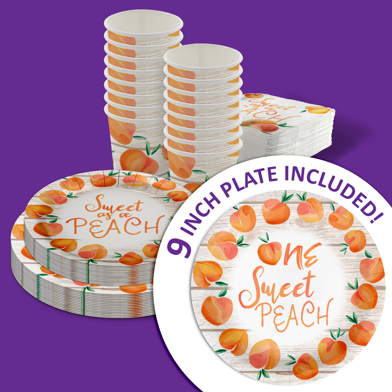 One Sweet Peach 1st Birthday Party Supplies 64 Piece Tableware Set Includes Large 9" Paper Plates Dessert Plates, Cups and Napkins Kit for 16