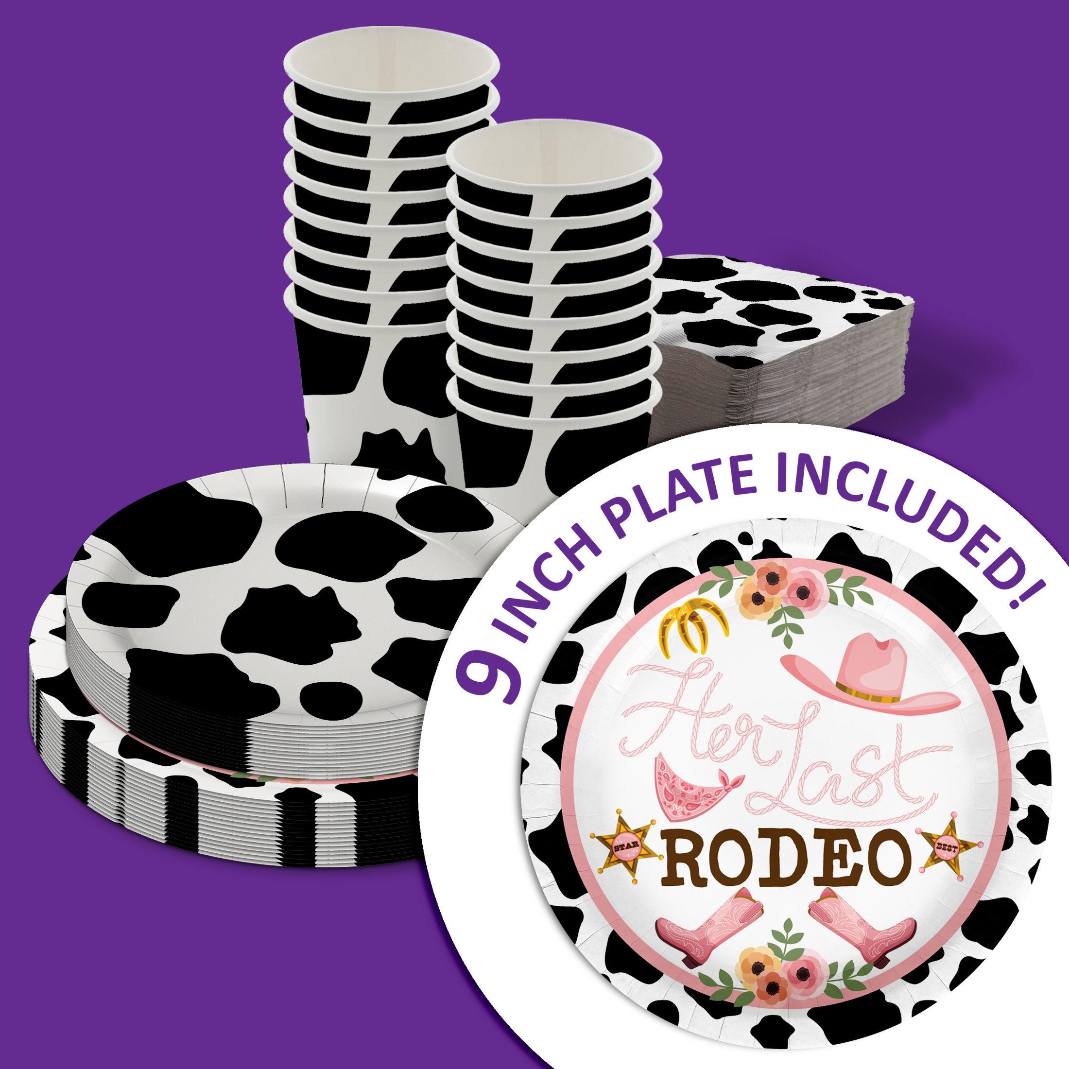 Her Last Rodeo Cow Print Party Tableware Kit For 16 Guests 64 Piece