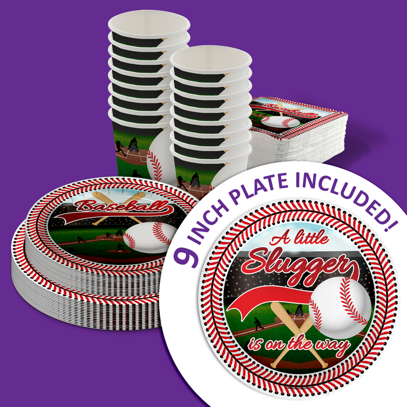 Little Slugger on the Way Baseball Baby Shower Party Supplies 64 Piece Tableware Set Includes Large 9" Paper Plates Dessert Plates, Cups and Napkins Kit for 16