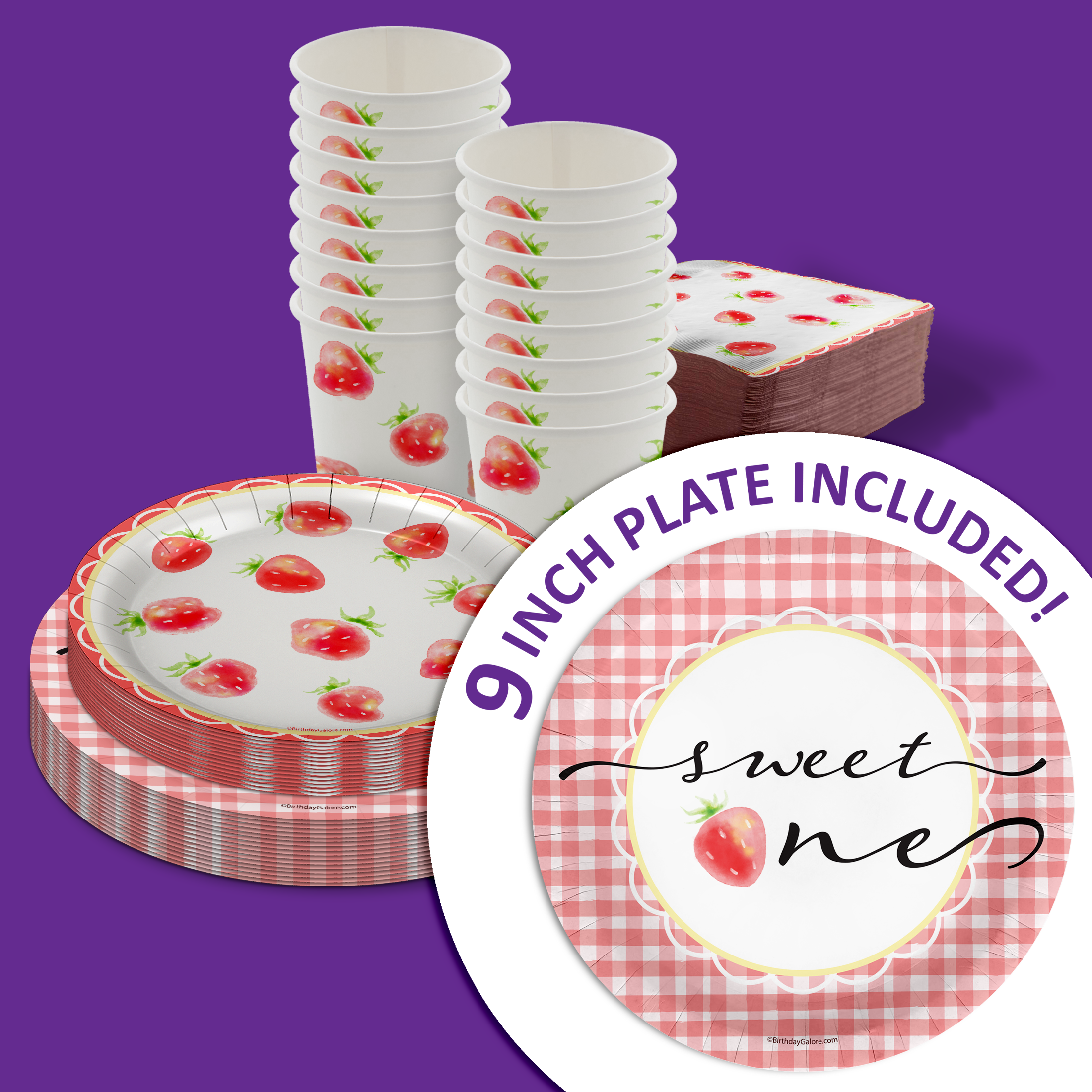 Sweet One Strawberry 1st Birthday Party Tableware Kit For 16 Guests 64 Piece