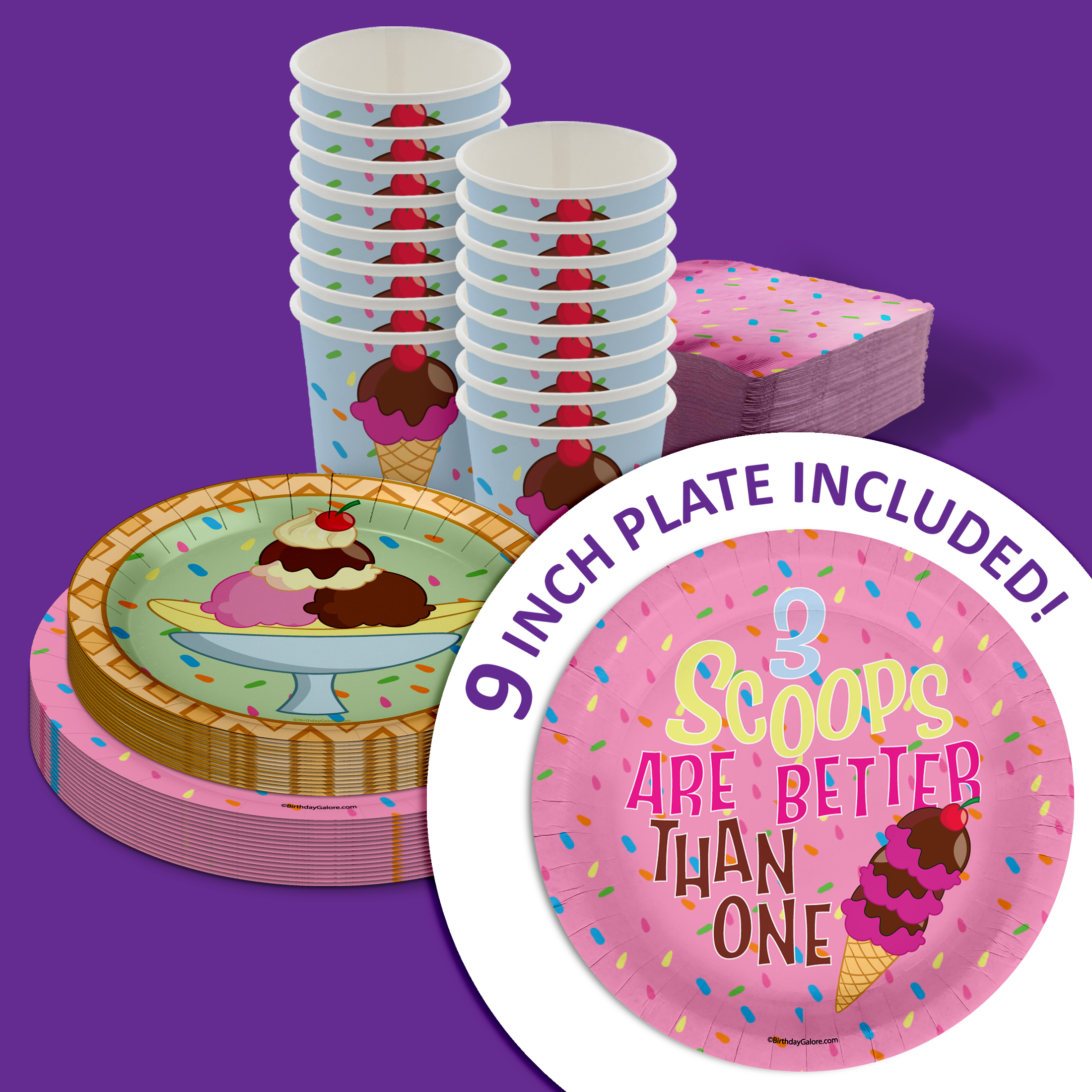 Girls 3rd Birthday Party Supplies - Three Scoops Ice Cream Birthday Paper Plates - 64 Piece Tableware Set Includes Large 9" Paper Plates Dessert Plates, Cups and Napkins Kit for 16