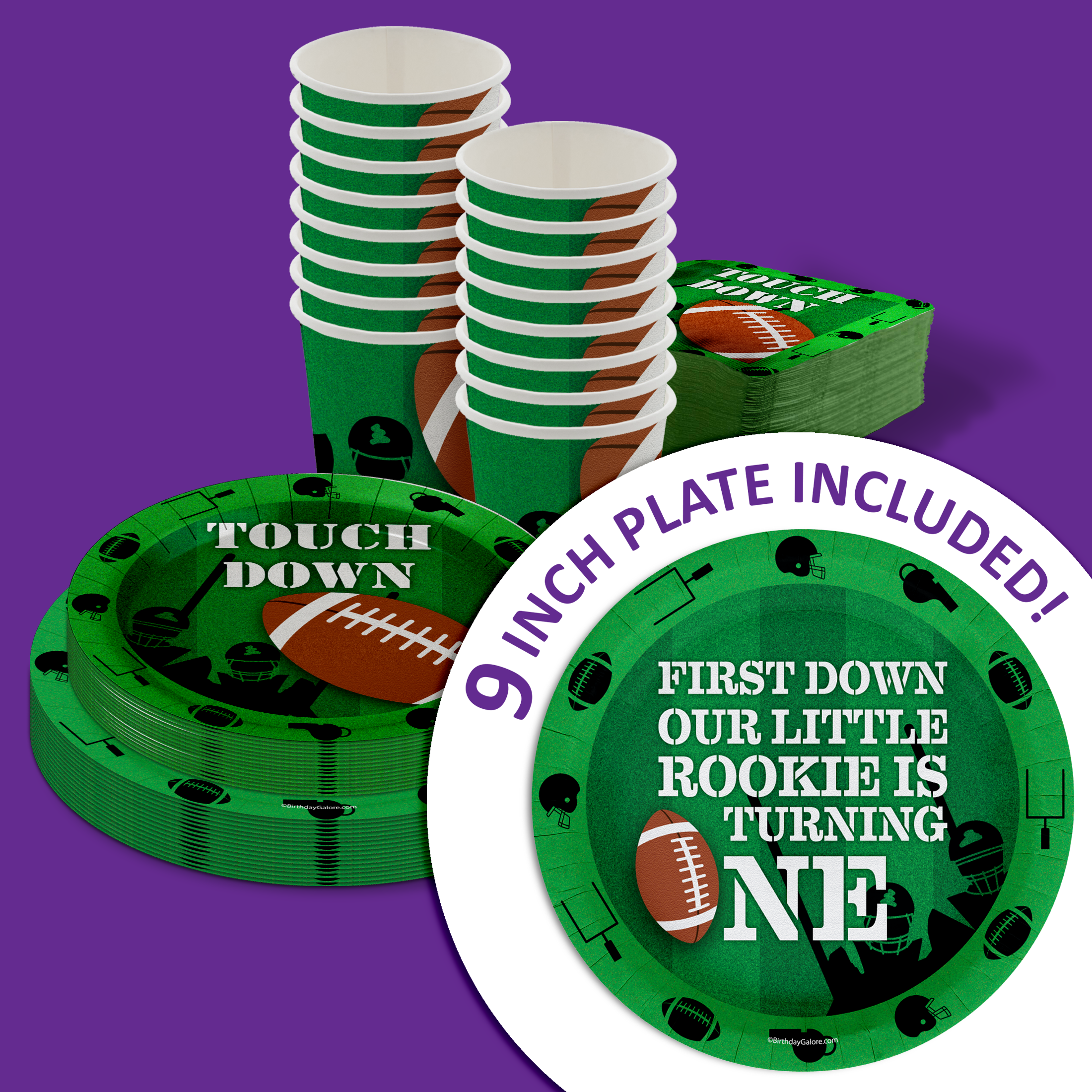 First Down Football 1st Birthday Party Tableware Kit For 16 Guests 64 Piece